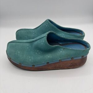 Vtg Y2K Gap Clogs Women Sz 8 Teal Suede Floral Embossed Wood Platform Studded